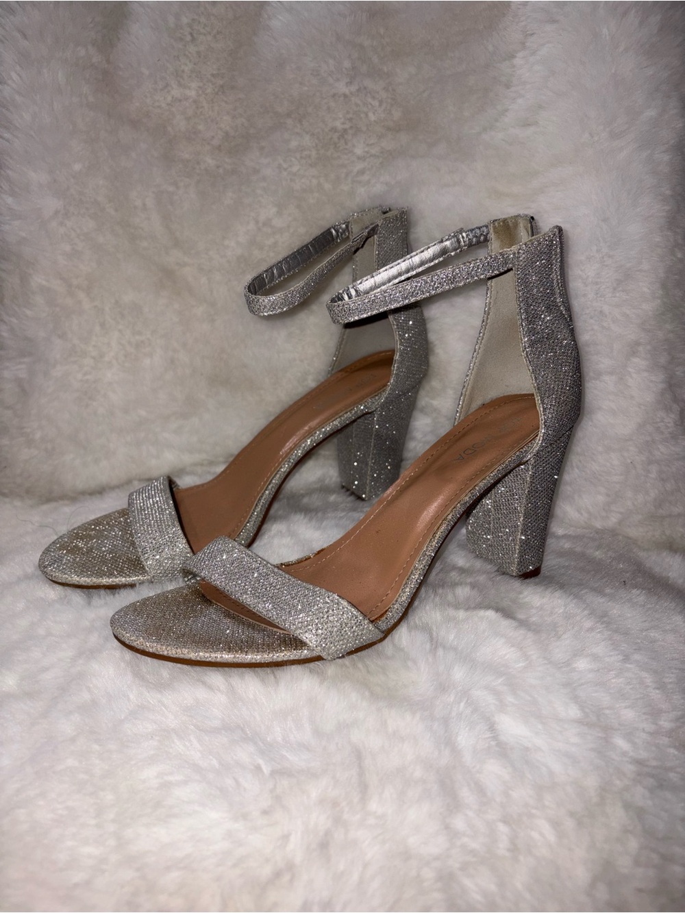 TOP Moda Silver Glitter Ankle-Strap Block Heels